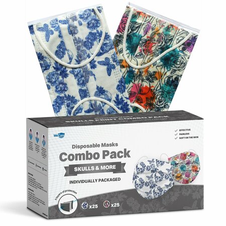 WECARE Disposable Face Mask, 3-Ply with Ear Loop 50 Individually Wrapped, Combo Pack, Skulls, 50PK WMN100099